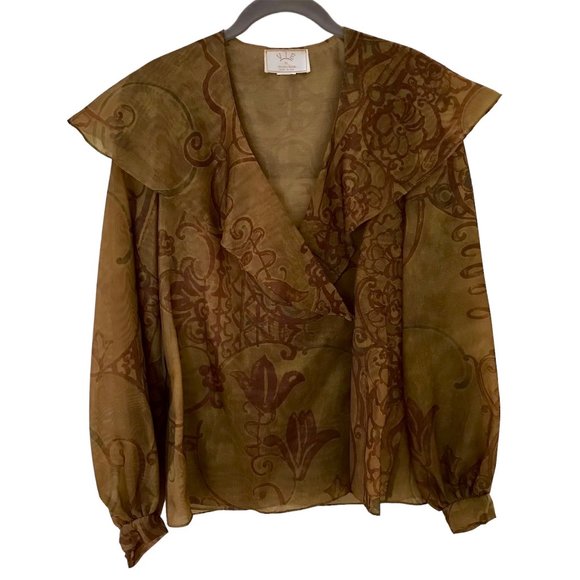 VIE by Victoria Royal Sheer Gold-Brown Tone with Floral Print Long Sleeve Blouse - Picture 1 of 6